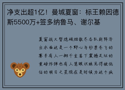 净支出超1亿!曼城夏窗:标王赖因德斯5500万+签多纳鲁马、谢尔基